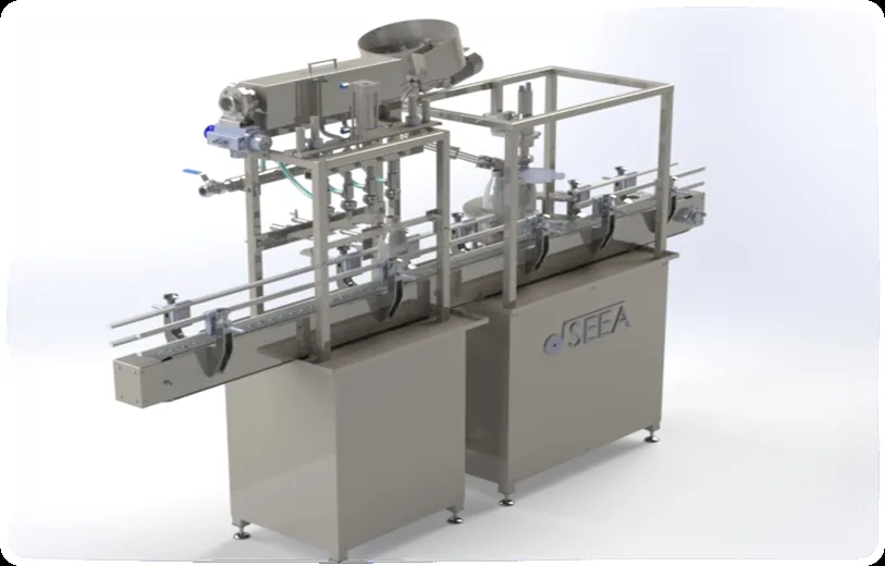 Llenadora lineal automática con transportador integrado fabricada por SEEA