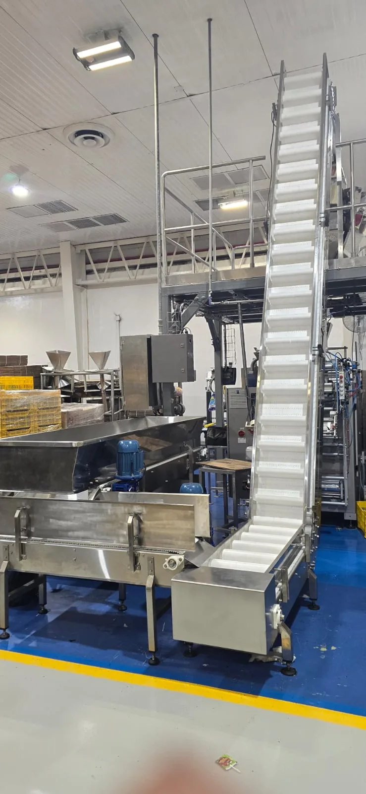 Transportador elevador con paletas fabricado por SEEA instalado en planta
